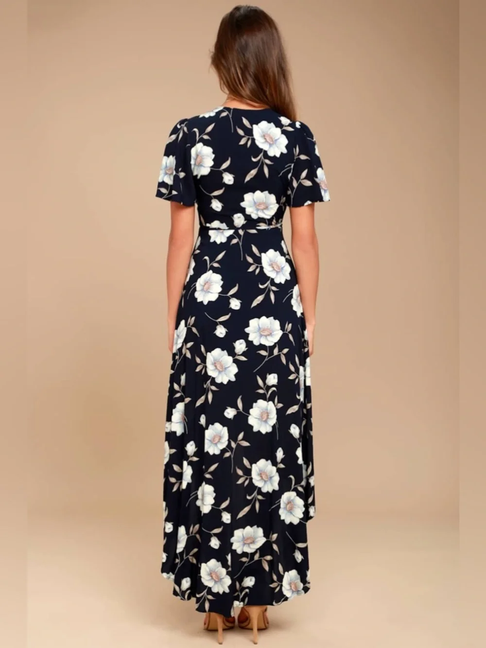 Lulus Lake Como Navy Blue Floral Print High-Low Wrap Dress size S - Picture 3 of 7